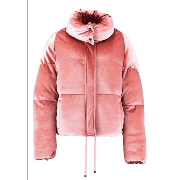 KZell Paris Pink Velour Semi Crop Puffer Coat Turtleneck Jacket Velvet Preppy - Picture 1 of 5